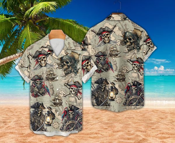 Pirate Skull Hawaiian Shirt, Vintage Pirate Treasure Map Hawaiian Shirt, Summer Shirt For Men and Women Jezsport.com