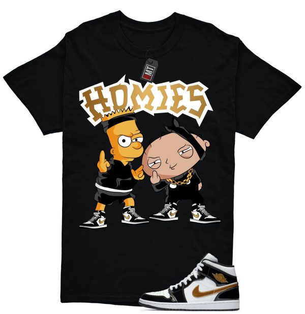 Jordan 1 Metallic gold Patent Black White Match T-shirt, Homies Tee Match Mid Patent Black Metallic gold Jezsport.com