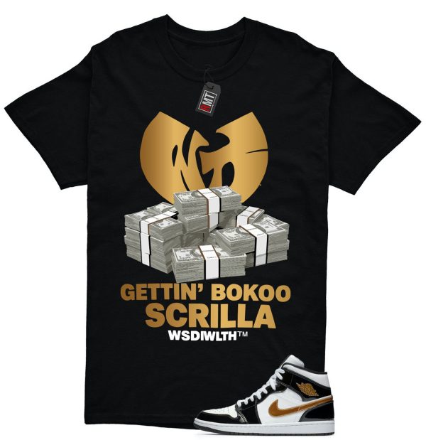 Jordan 1 Metallic gold Patent Black White Match T-shirt, Scrilla Tee Match Mid Patent Black Metallic gold Jezsport.com