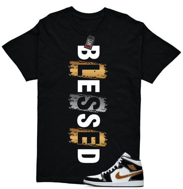 Jordan 1 Metallic gold Patent Black White Match T-shirt, Blessed Tee Match Mid Patent Black Metallic gold Jezsport.com