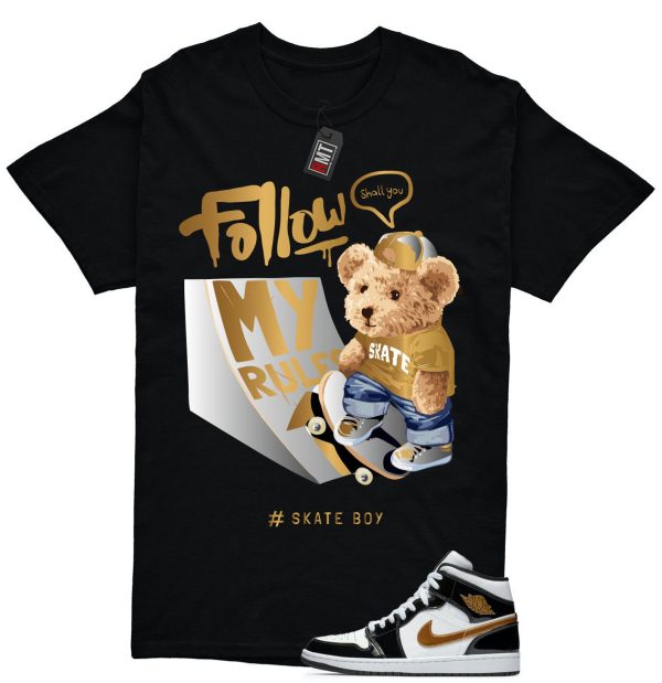 Jordan 1 Metallic gold Patent Black White Match T-shirt, Skate Boy Tee Match Mid Patent Black Metallic gold Jezsport.com