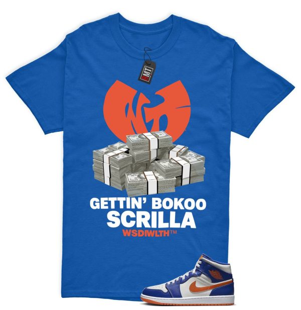 Jordan 1 Mid Knicks Sail Game Royal Rush Orange Phantom Match T-shirt, Scrilla Jezsport.com