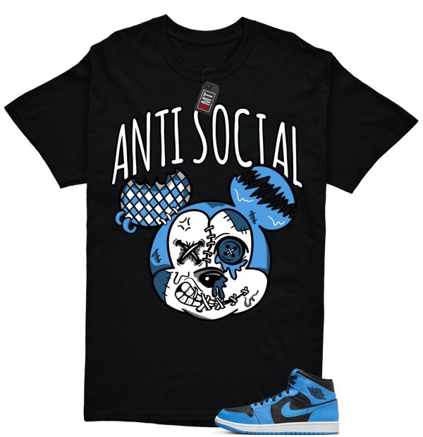 University Blue 1s Match T-shirt, Anti Social Tee Matching Mid University Blue Air 1 Black White Jezsport.com