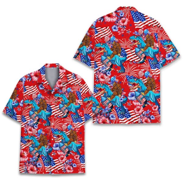 Bigfoot Riding Dinosaur American Flag Hawaiian Shirt, Summer Shirt For Men and Women Jezsport.com