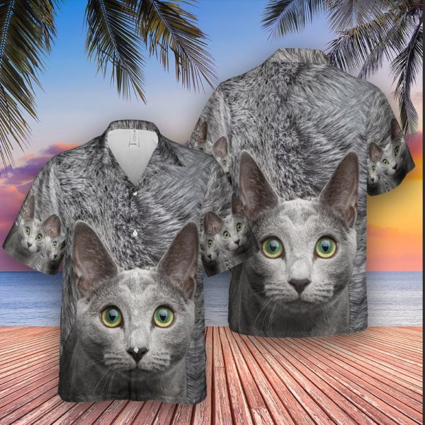 Russian Blue Cat Amazing Cat Portrait Gray Cat Fur Hawaiian Shirt, Summer Shirt For Men and Women Jezsport.com