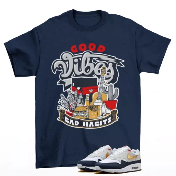 Vibes Shirt Blue to Match Air Max 1 Obsidian Metallic Gold Olympic HM9604-400 Jezsport.com