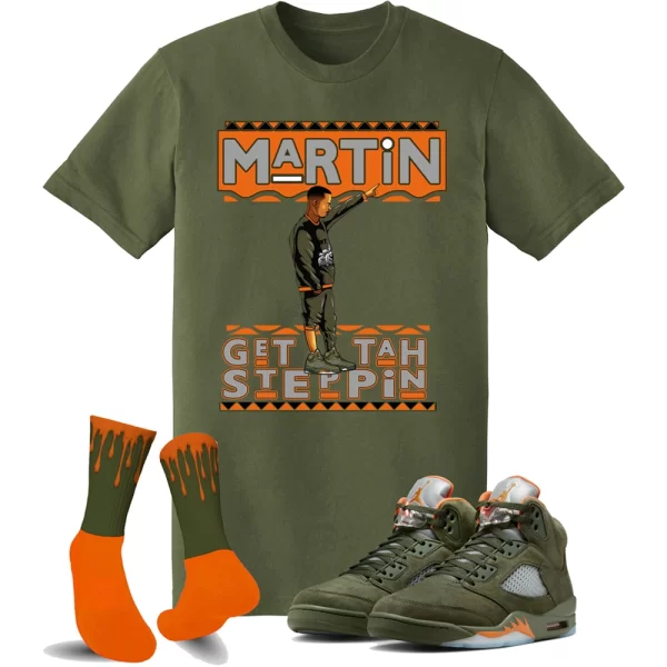 5 Olive Army Solar Orange Black Retro T Shirt Match MM - Martin Get Tah Steppin Shirt Jezsport.com