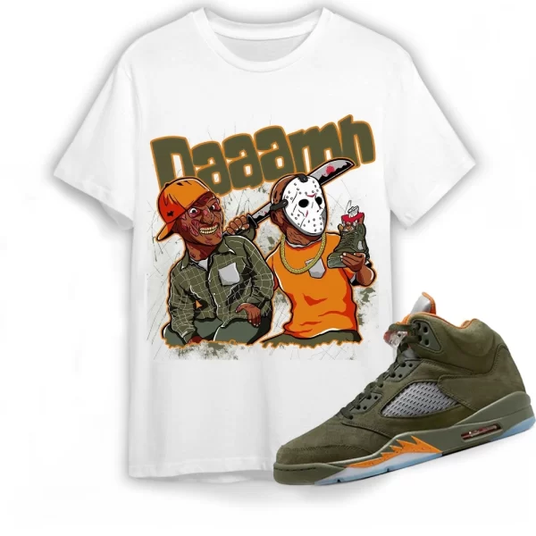 Jordan 5 Olive Shirt Daaamn Friday The 13Th Shirt To Match Sneaker Green Olive Green And Orange Shirt, Matching Jordan Shirt Jezsport.com