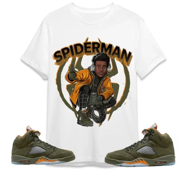 Spiderman Miles Shirt Jordan 5 Olive To Match Sneaker Green Olive Green And Orange Shirt, Matching Jordan Shirt Jezsport.com