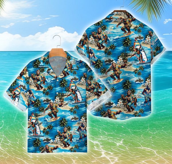 Funny Summer Bigfoot Hawaiian Shirt, Sasquatch Surfing Button Down Shirt, Summer Shirt For Men and Women Jezsport.com