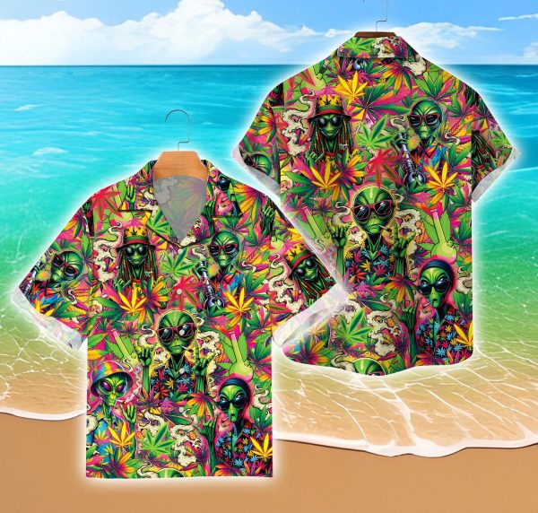 420 Alien Hawaiian Shirt, Stoner Tropical Button Down Shirt, Summer Shirt For Men and Women Jezsport.com