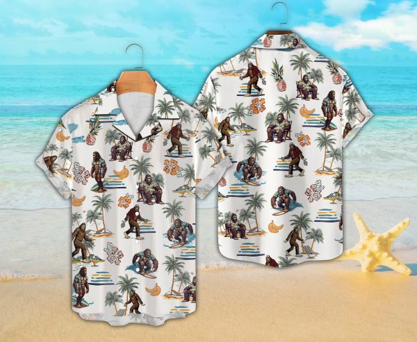 Summer Beach Bigfoot Hawaiian Shirt, Sasquatch Surfing Button Down Shirt, Summer Shirt For Men and Women Jezsport.com