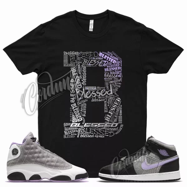 BLESSED T Shirt for J1 1 Mid SE GS Houndstooth Lilac Silver Plaid Violet 13 Jezsport.com