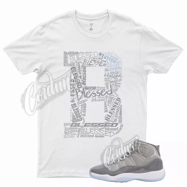 White BLESSED T Shirt for Air J1 11 Cool Grey 2021 Medium White Blue Wolf Jezsport.com