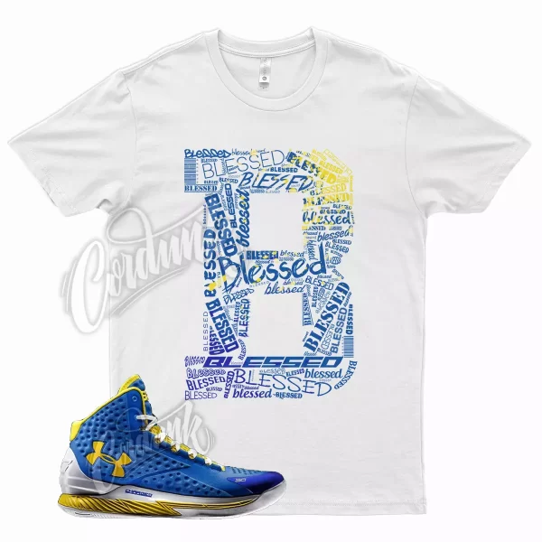 White BLESSED T Shirt for Curry One 1 Royal Taxi Blue Yellow Jezsport.com