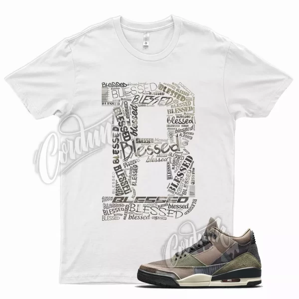 White BLESSED T Shirt for Air J1 3 Camo Green Brown Tan Beige Camouflage Jezsport.com