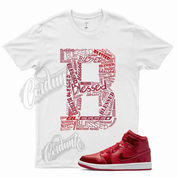 White BLESSED T Shirt for Air J1 1 Mid SE Red Pomegranate University Jezsport.com