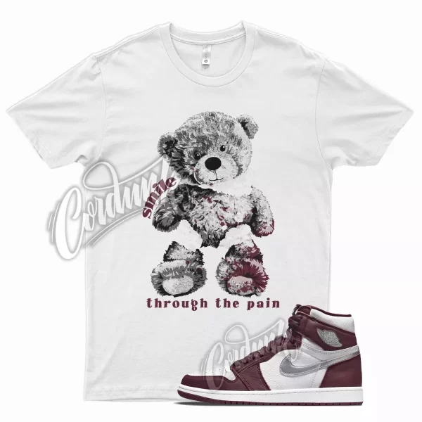 White SMILE T Shirt for Air J1 1 High OG Bordeaux Metallic Silver 6 Beetroot Jezsport.com