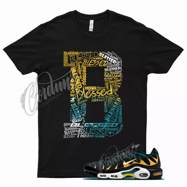 Black BLESSED T Shirt for Air Max Plus Teal Yellow White Jezsport.com