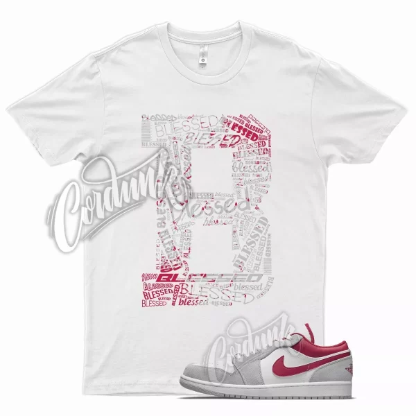 White BLESSED T Shirt for Air J1 1 Low SE Light Smoke Grey Gym Red Jezsport.com