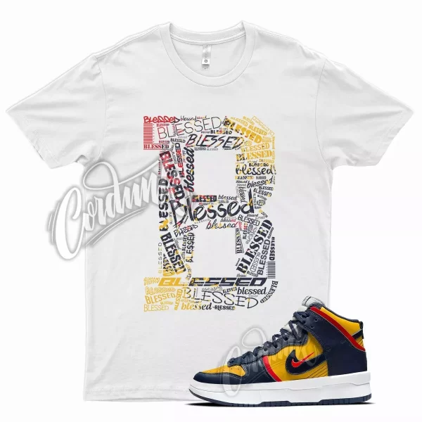 White BLESSED Shirt for N Dunk High Michigan Varsity Maize Nidnight Navy Red Jezsport.com