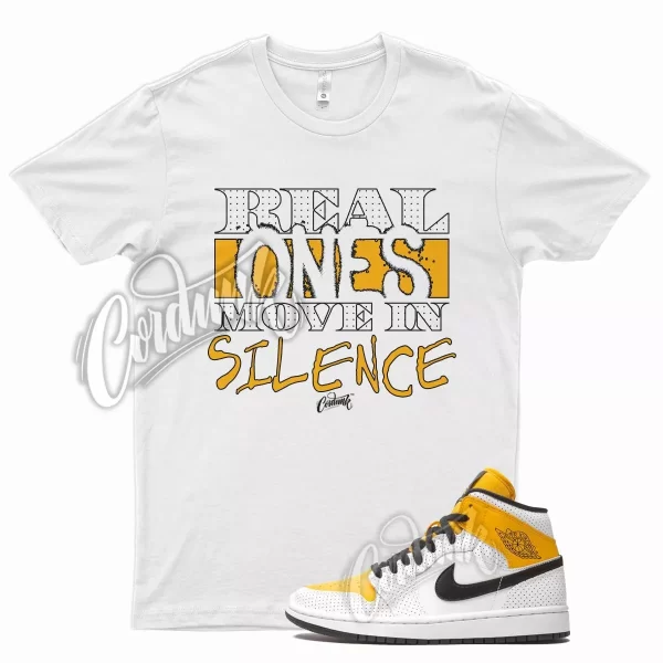 White REAL T Shirt for Air J1 1 Mid Perforated University Gold Black Yellow Jezsport.com