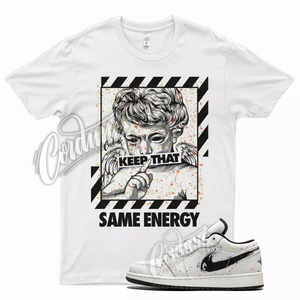 White ENERGY T Shirt for Air J1 1 Low Brushstroke Paint Splatter Black Multi Jezsport.com