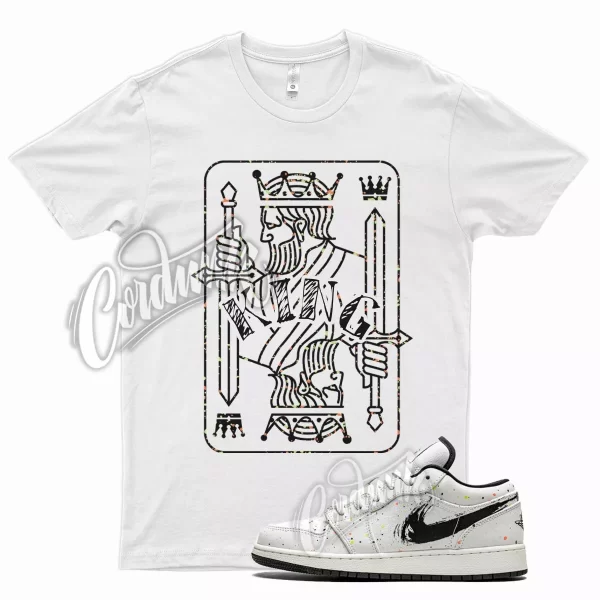 White KING T Shirt for Air J1 1 Low Brushstroke Paint Splatter Black Multi Jezsport.com