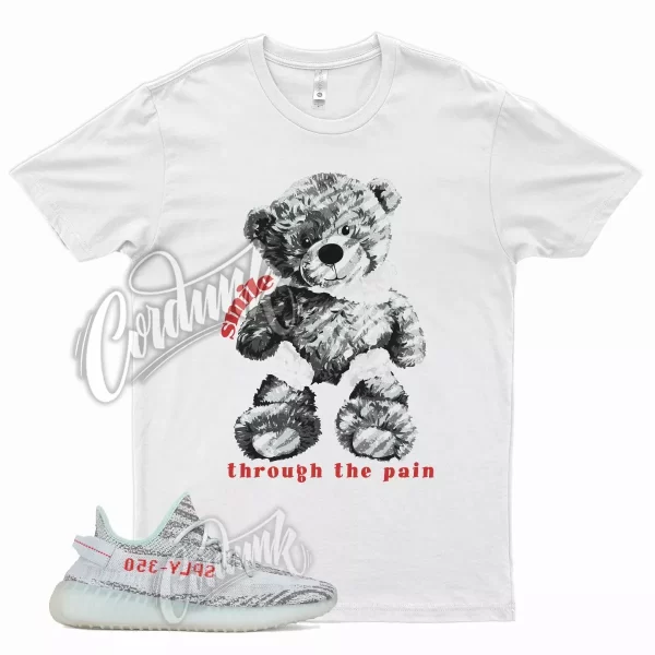 White SMILE T Shirt for YZ Boost 350 V2 Blue Tint Zebra Grey Three Jezsport.com