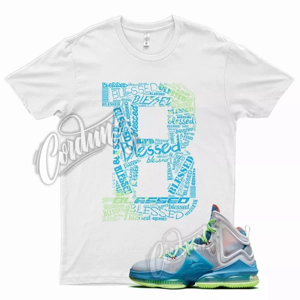 White BLESSED T Shirt for N Lebron 19 Dutch Blue Pomegranate Lime Glow Green Jezsport.com