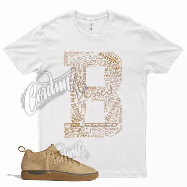 White BLESSED T Shirt for Tyshawn Cardboard Gold Metallic Gum Brown Tan Jezsport.com