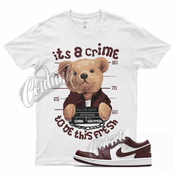 White CRIME T Shirt for J1 1 Low Bronze Eclipse Bordeaux Burgundy Brown Jezsport.com