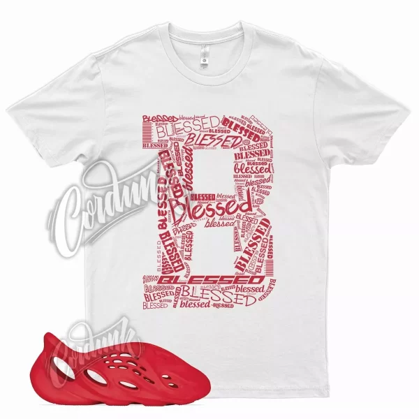 White BLESSED T Shirt for YZ Foam Runner Vermilion YZY RNNR Vermillion Red Jezsport.com