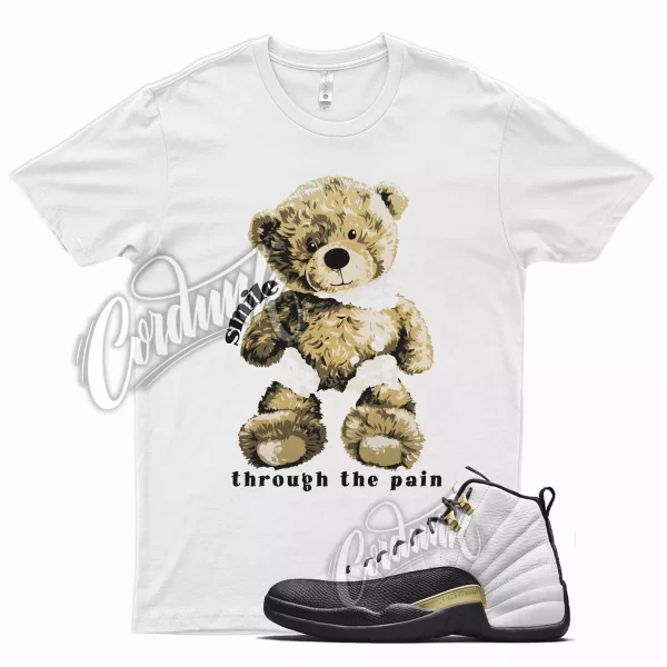 White SMILE T Shirt for Air J1 12 Royalty Taxi Suede Black Gold Metallic Jezsport.com