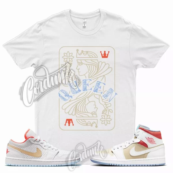 White QUEEN T Shirt for Air J1 1 Mid Sesame Flash Crimson Psychic Blue Tan Jezsport.com