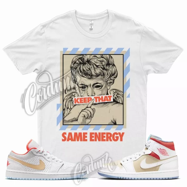 White ENERGY T Shirt for Air J1 1 Mid Sesame Flash Crimson Psychic Blue Tan Jezsport.com