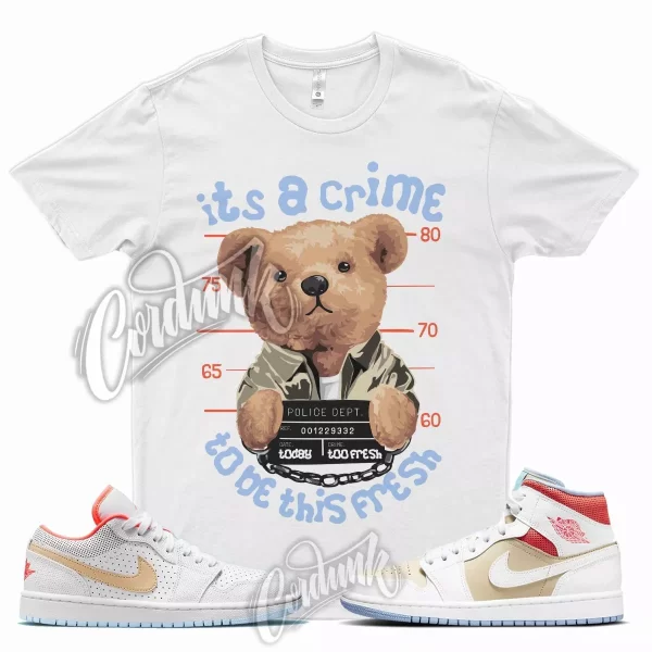 White CRIME T Shirt for Air J1 1 Mid Sesame Flash Crimson Psychic Blue Tan Jezsport.com