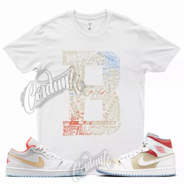 White BLESSED T Shirt for Air J1 1 Mid Sesame Flash Crimson Psychic Blue Tan Jezsport.com