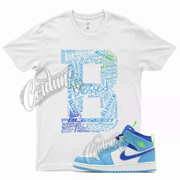 White BLESSED T Shirt for Air J1 1 Mid SE Dark Powder Blue Green Racer Jezsport.com