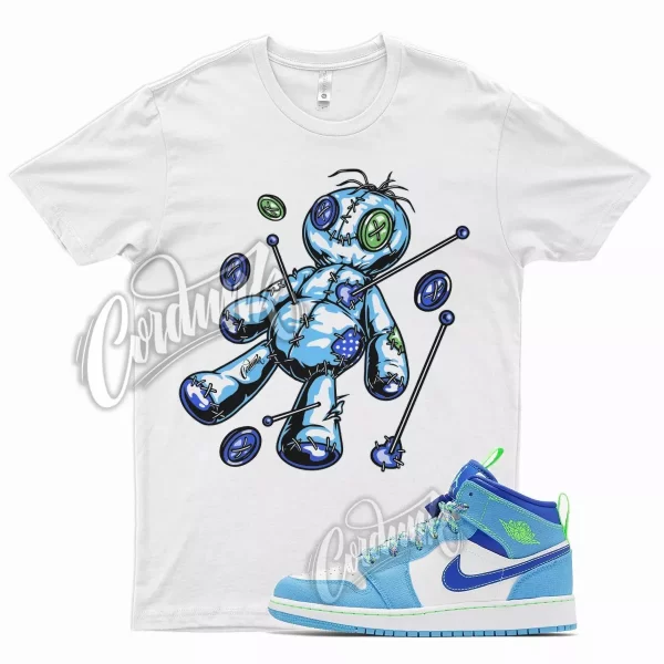 White VOODOO T Shirt for Air J1 1 Mid SE Dark Powder Blue Green Racer Jezsport.com