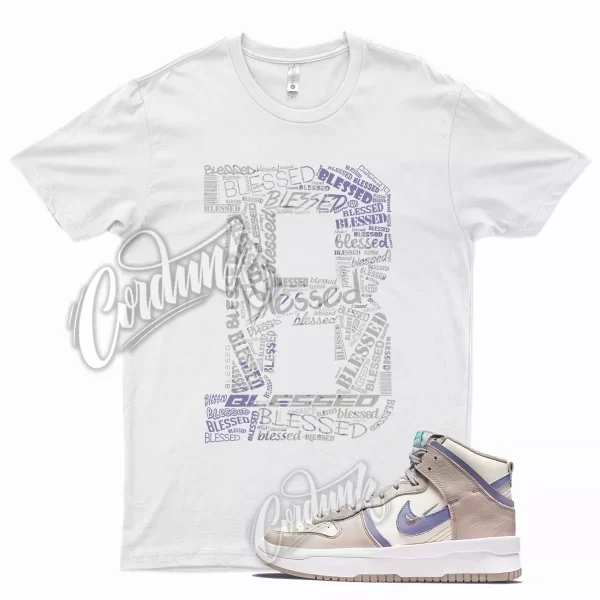 White BLESSED T Shirt for Social N Dunk High Rebel Iron Purple College Grey Jezsport.com