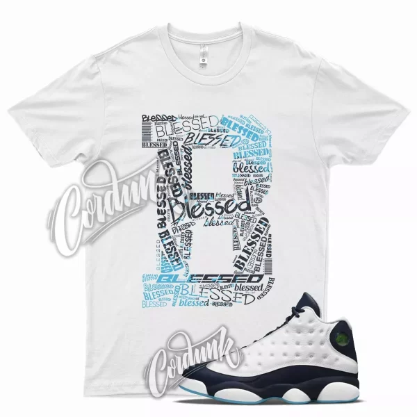 White BLESSED T Shirt for J1 13 Obsidian Powder Blue Carolina Navy UNC Chill Jezsport.com