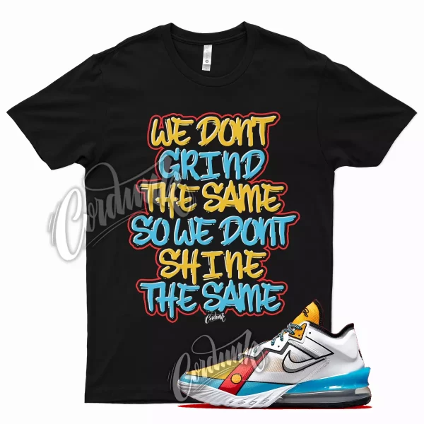 Black GRIND T Shirt for Lebron 18 Low Cartoon Art Red Baltic Blue Yellow Jezsport.com