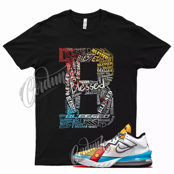 Black BLESSED T Shirt for Lebron 18 Low Cartoon Art Red Baltic Blue Yellow Jezsport.com