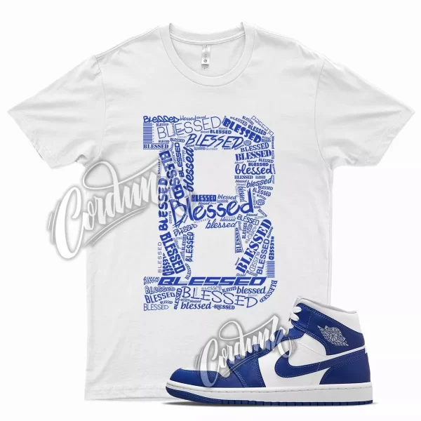 White BLESSED Shirt for J1 1 Mid Hyper Royal Blue Game Jezsport.com