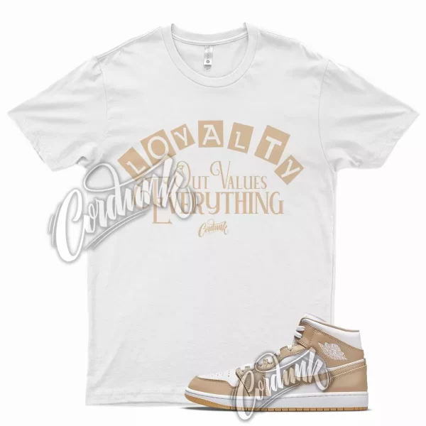 White LOYALTY T Shirt for Air J1 1 Mid Hemp Gum Yellow Jezsport.com