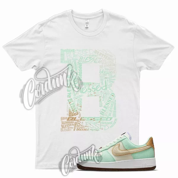 White BLESSED Shirt for N Air Force 1 Green Glow Metallic Gold Pulse Milk Jezsport.com