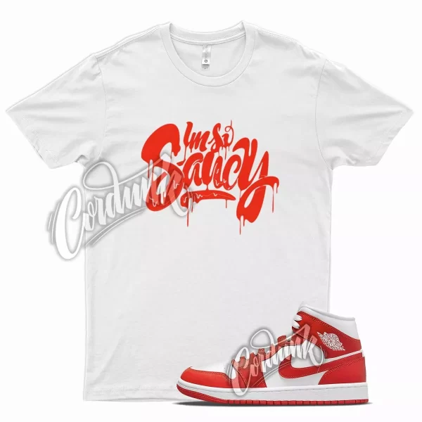 White SAUCY T Shirt for J1 1 Mid Habanero Red White Foamposite 90 Jezsport.com