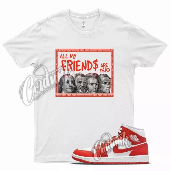 White FRIENDS T Shirt for J1 1 Mid Habanero Red White Foamposite 90 Jezsport.com