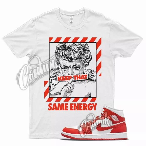 White ENERGY T Shirt for J1 1 Mid Habanero Red White Foamposite 90 Jezsport.com